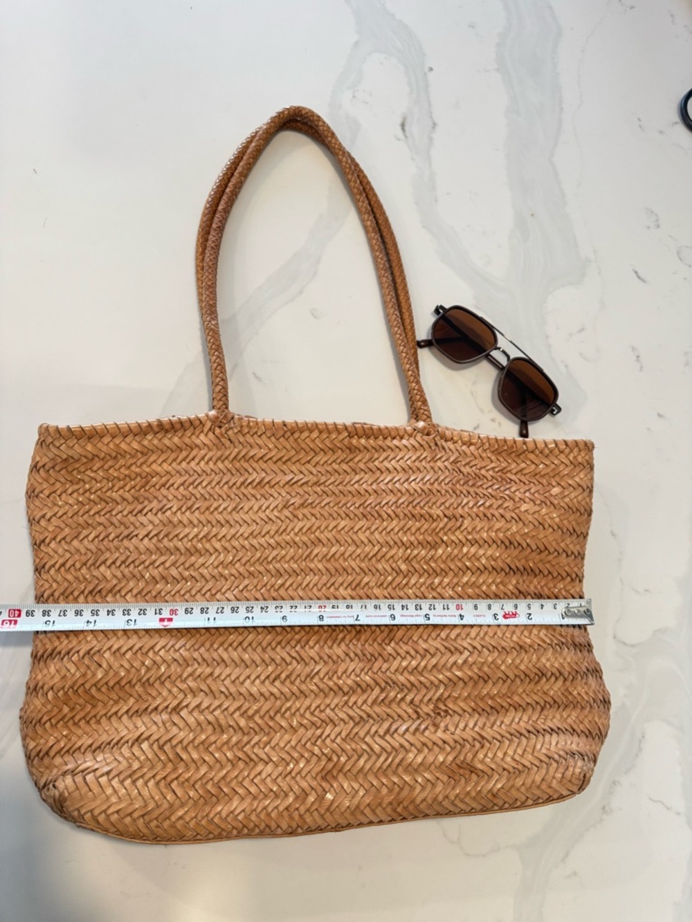 Genuine ✨Leather✨ Woven Tote Bag - Natural Brown, Zipper Top, Multiple Pockets - Picture 6 of 11